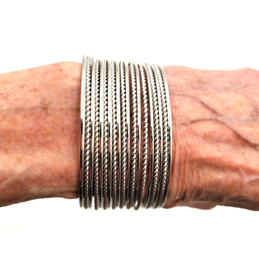 Vintage Wide Multi Bangle Cuff Bracelet 19 Wire Rope Silver Tone Open